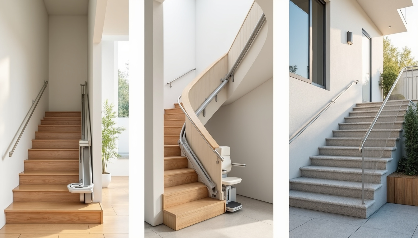 Différents types de monte-escaliers installés: droit, tournant et extérieur