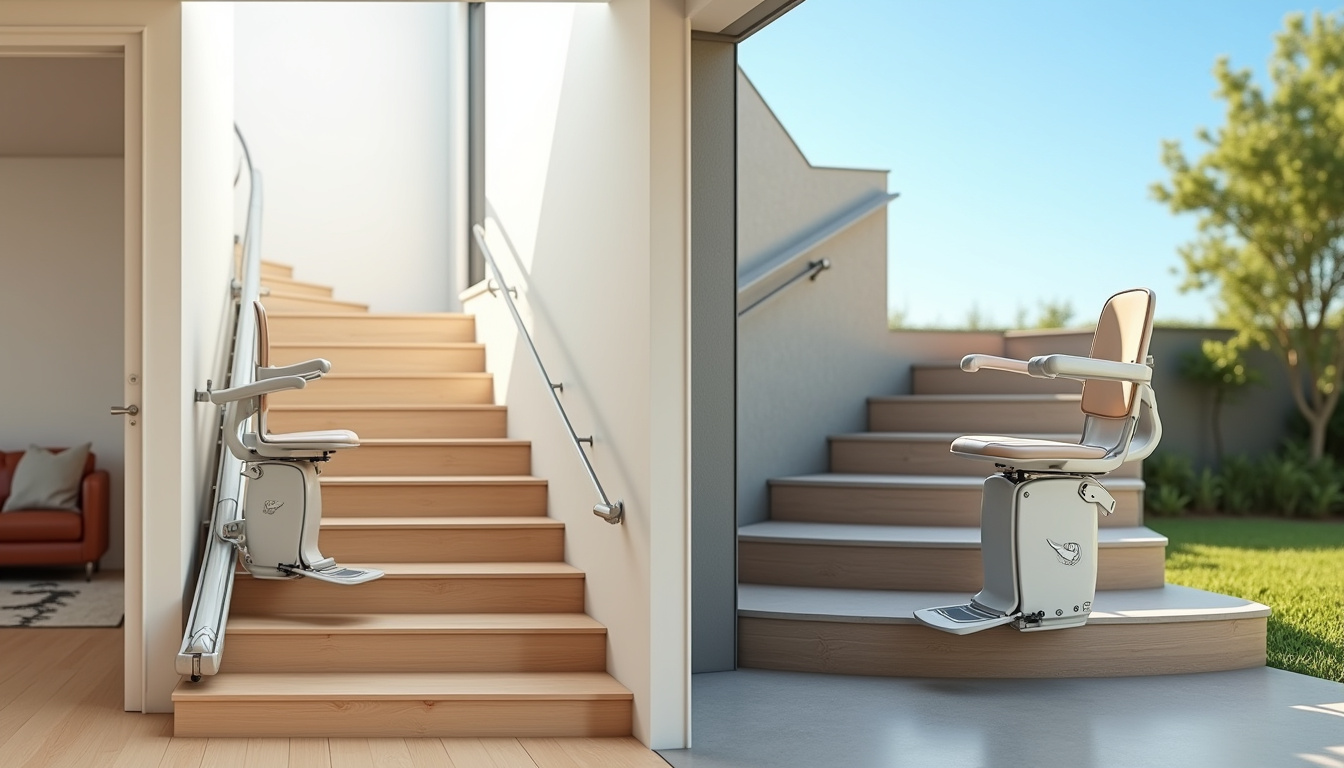 Différents types de monte-escaliers installés: droit, tournant et extérieur