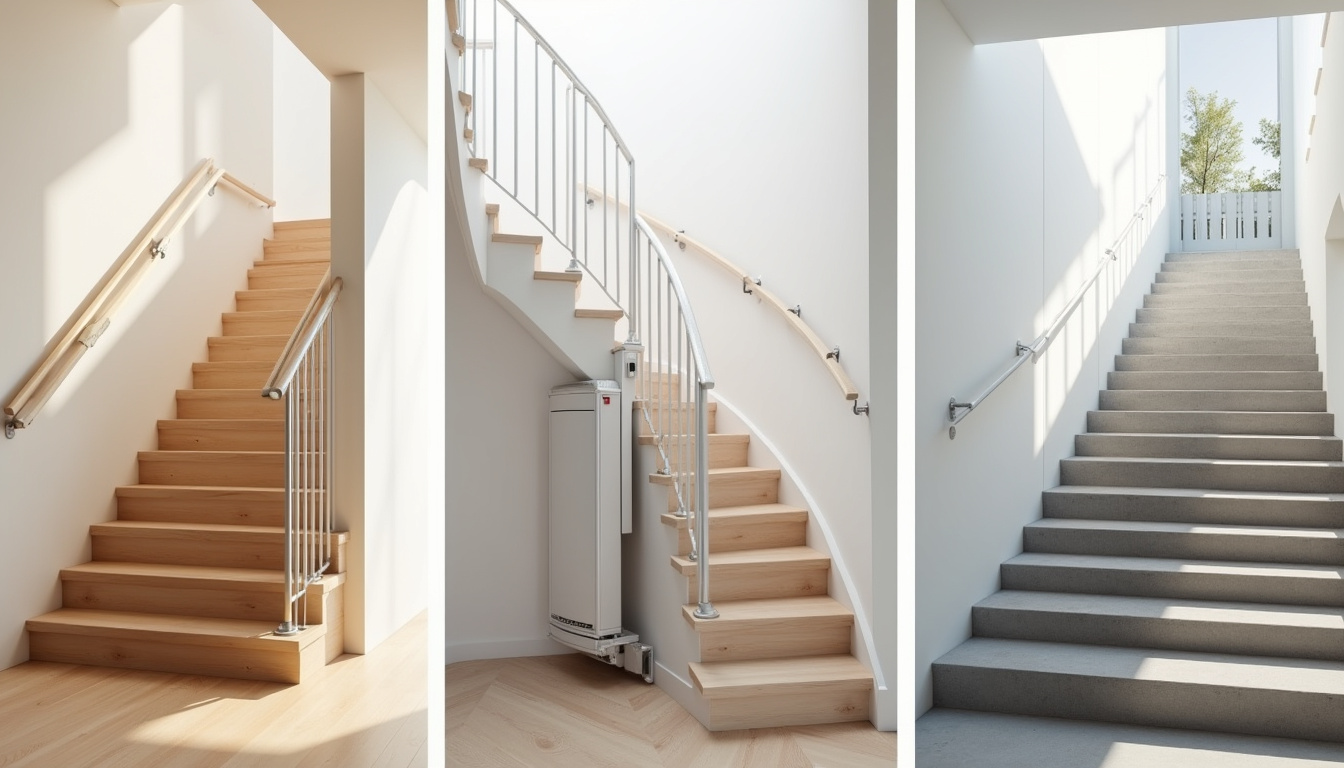 Différents types de monte-escaliers installés: droit, tournant et extérieur