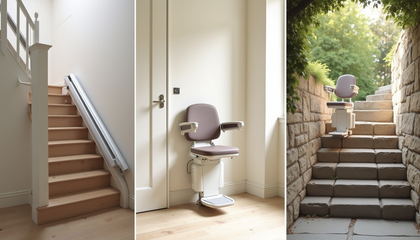 Différents types de monte-escaliers installés: droit, tournant, extérieur
