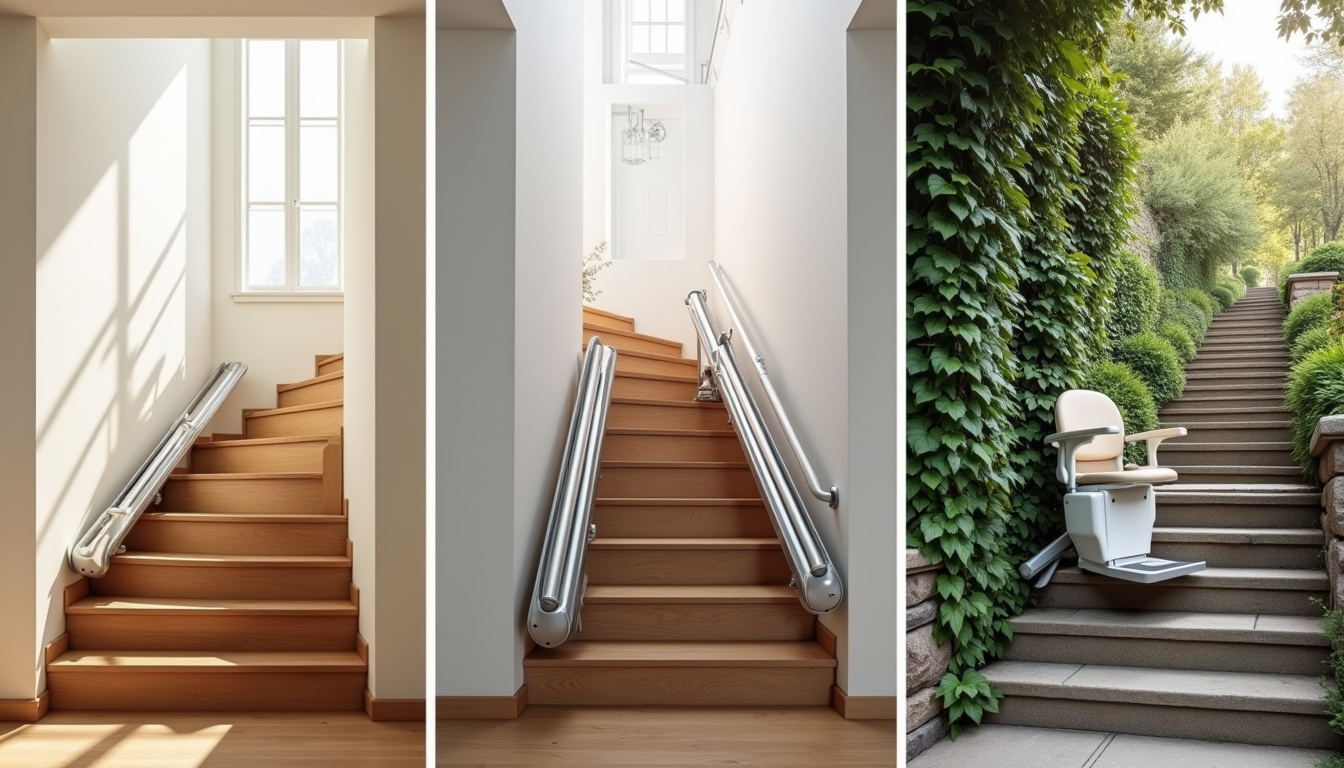 Différents types de monte-escaliers installés sur escalier droit, tournant et extérieur