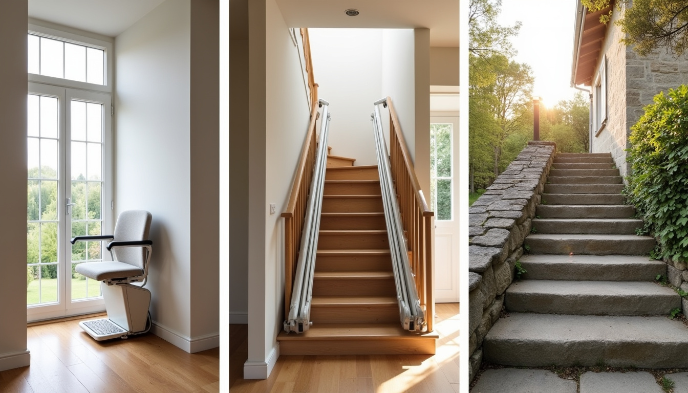 Différents types de montes-escaliers installés dans une maison à Angerville-la-Campagne: modèle droit, tournant et extérieur