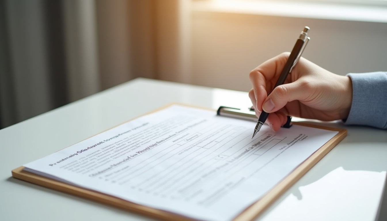 Document officiel et main tenant un stylo pour remplir un formulaire de demande d