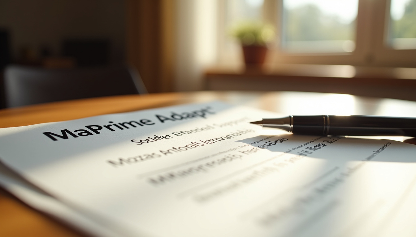 Document officiel MaPrimeAdapt’ posé sur une table avec un stylo, symbolisant la demande d’aide financière pour un monte-escalier à Rinxent