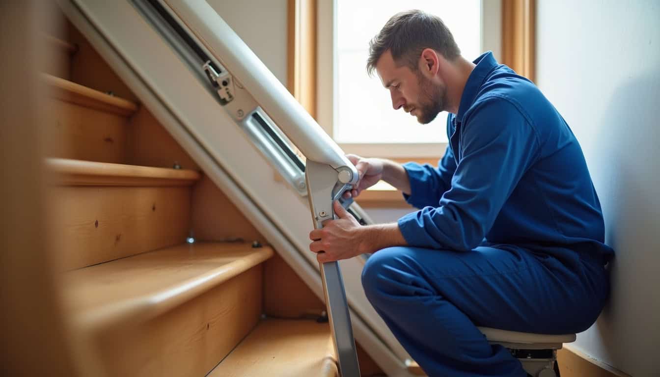 Entretien d’un monte-escalier par un technicien à Campsas