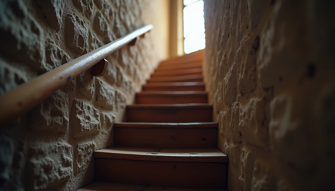 Escalier en bois ancien typique des maisons de Locunolé, avec rampe en pierre et marches étroites