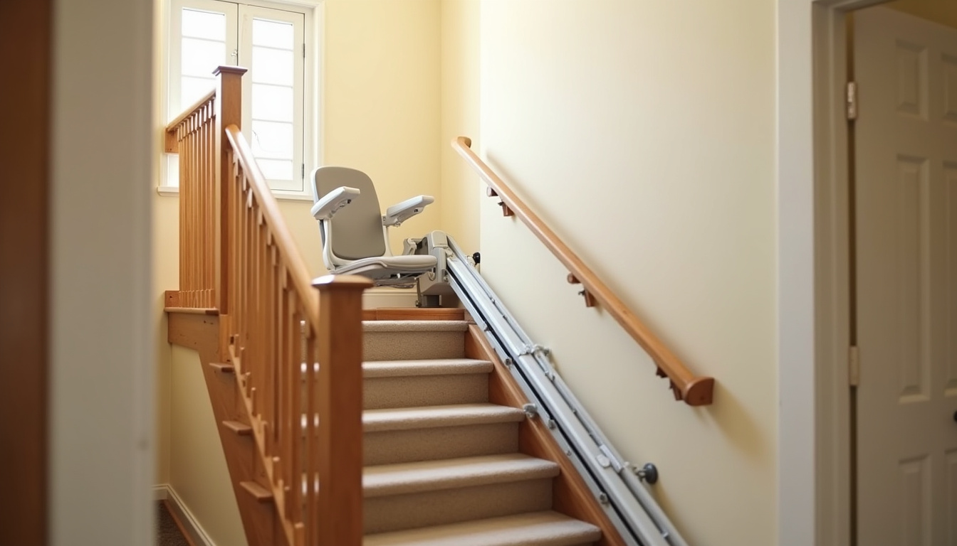 Escalier intérieur avec rail de monte-escalier en cours d