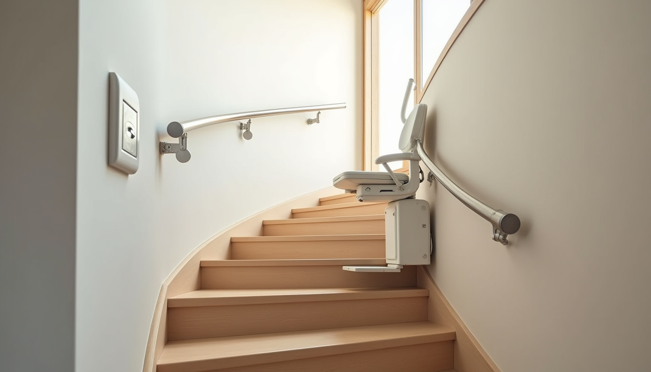 Exemple de monte-escalier installé sur un escalier tournant dans une habitation à Aydat