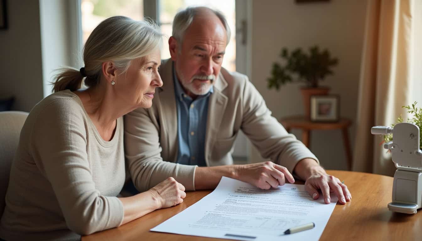 Famille en train de consulter un document sur les aides financières pour un monte-escalier