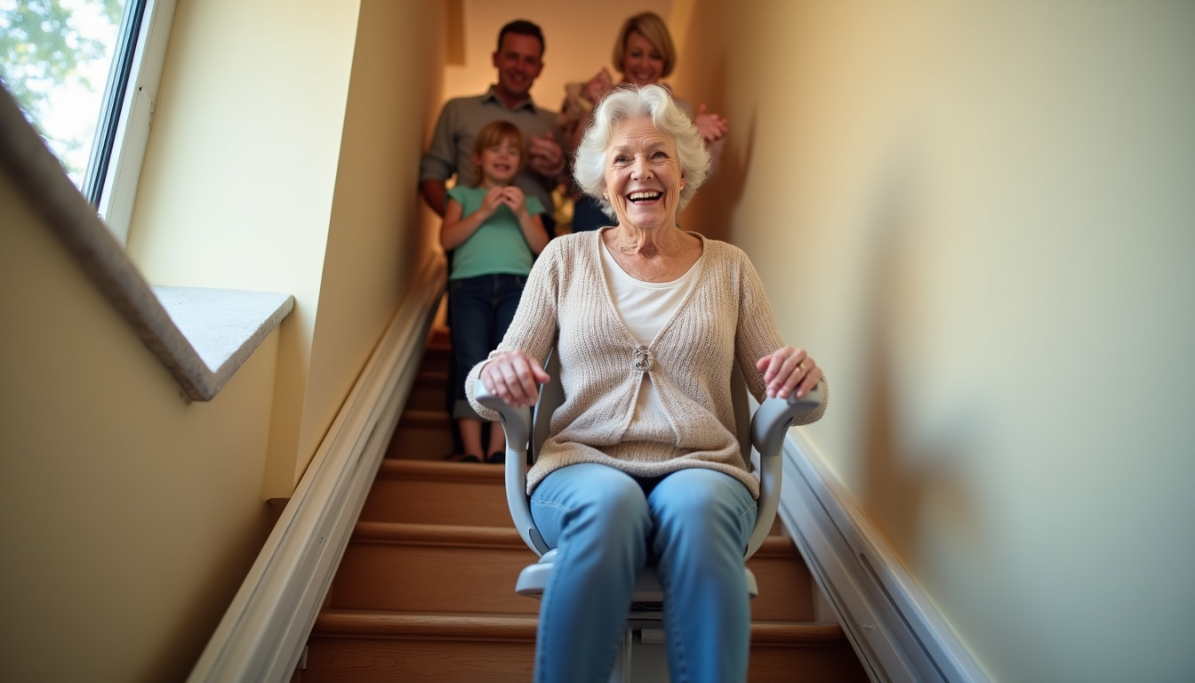 Famille heureuse avec un proche utilisant son nouveau monte-escalier à Saint-Paul-en-Cornillon