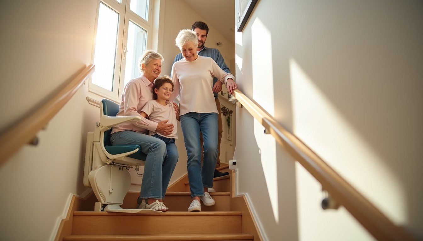 Famille utilisant un monte-escalier dans une maison de Corbelin