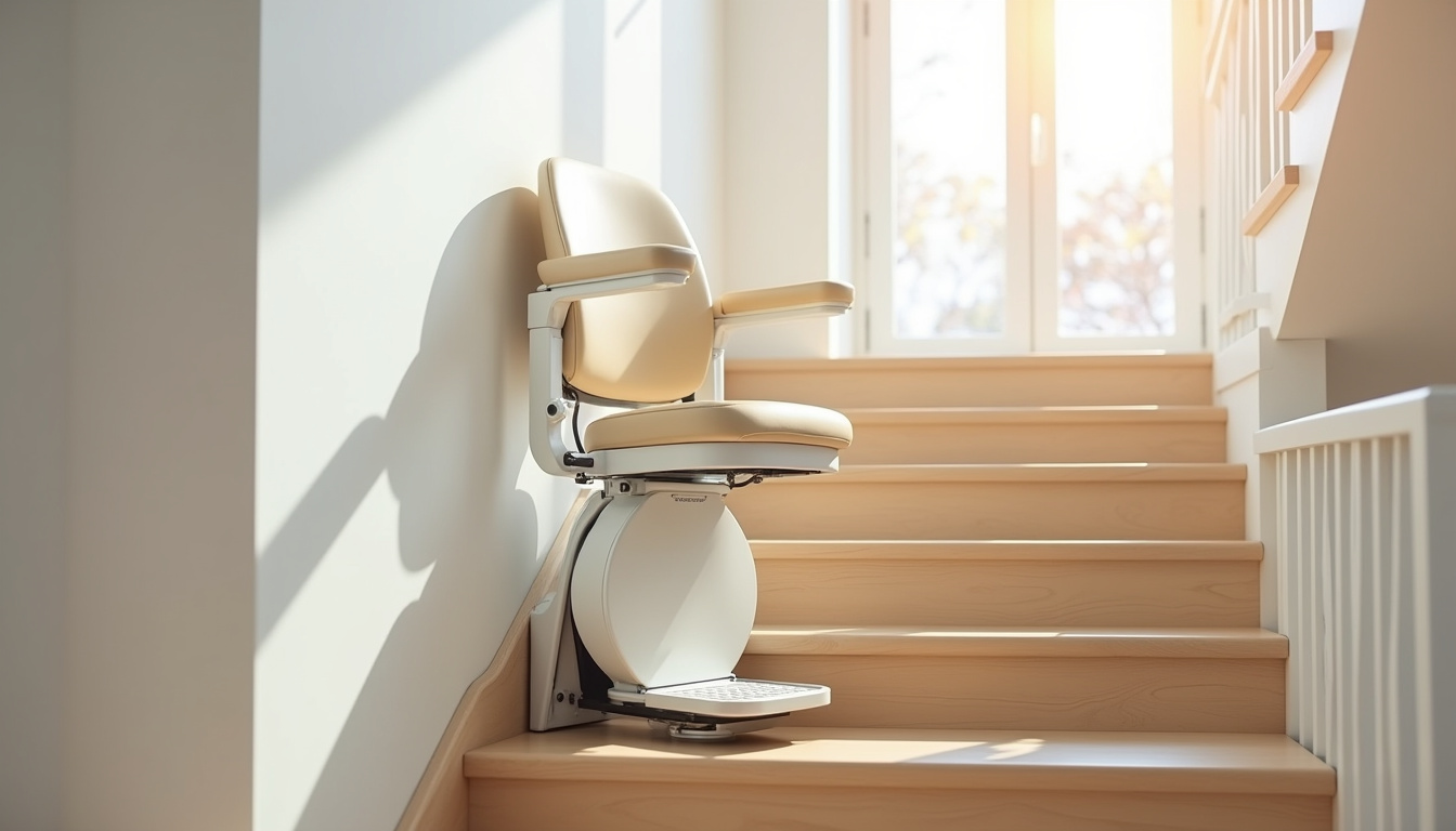 Fauteuil de monte-escalier droit en position dépliée, installé dans un escalier intérieur lumineux