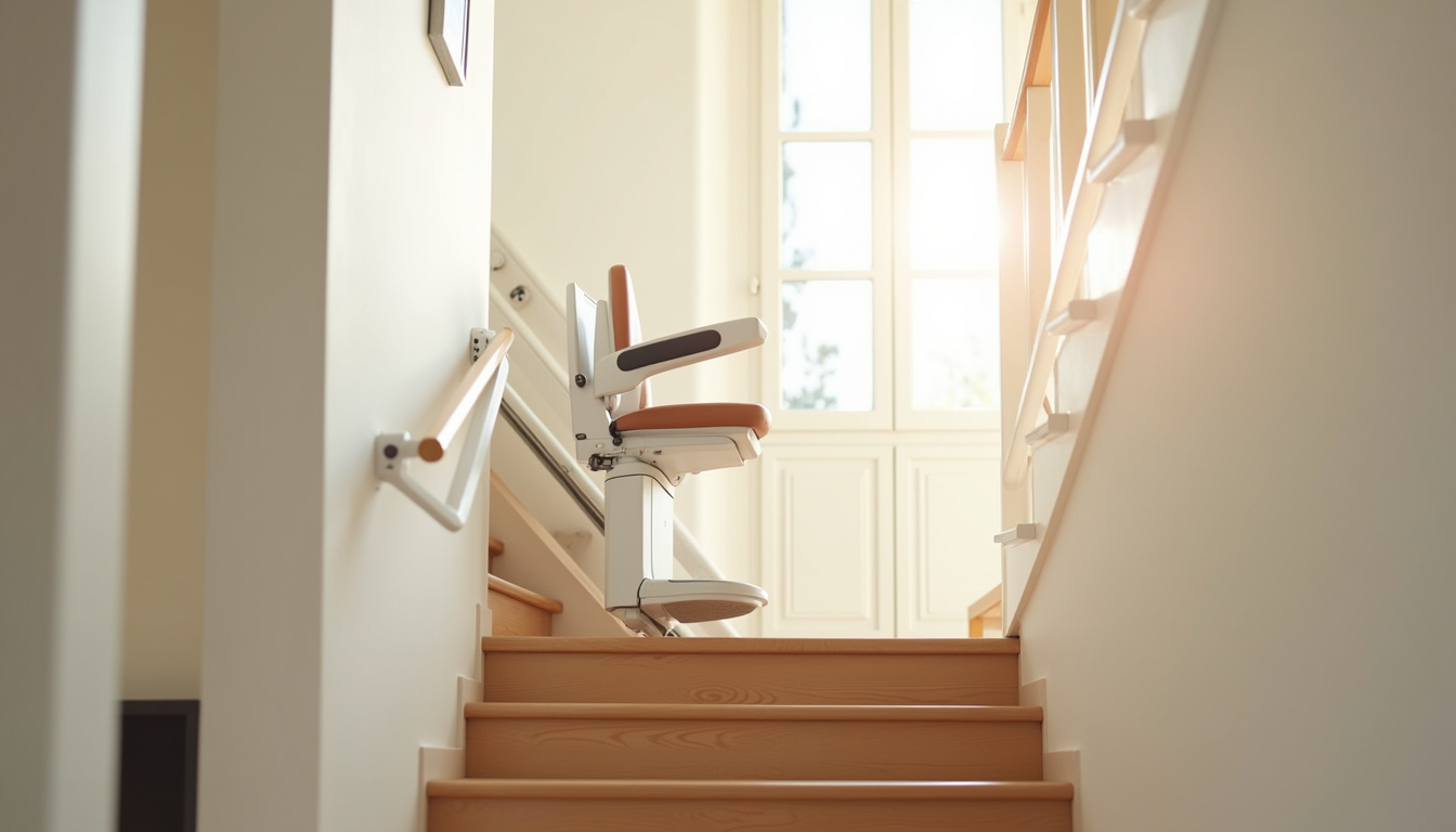 Fauteuil monte-escalier en cours d’ascension sur un escalier tournant dans une maison de Sardieu