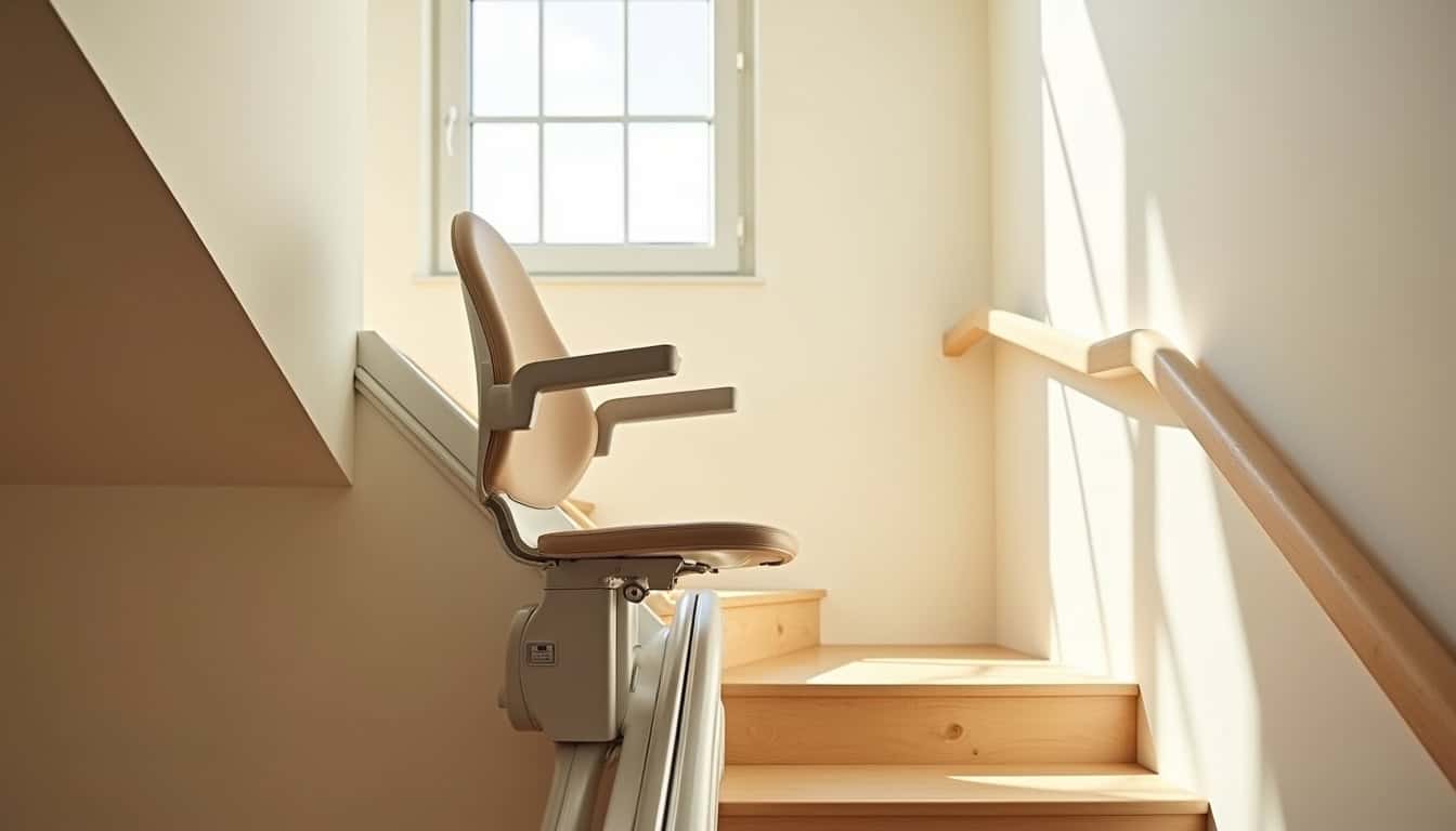 Fauteuil monte-escalier en cours de montée sur un escalier intérieur à Caissargues