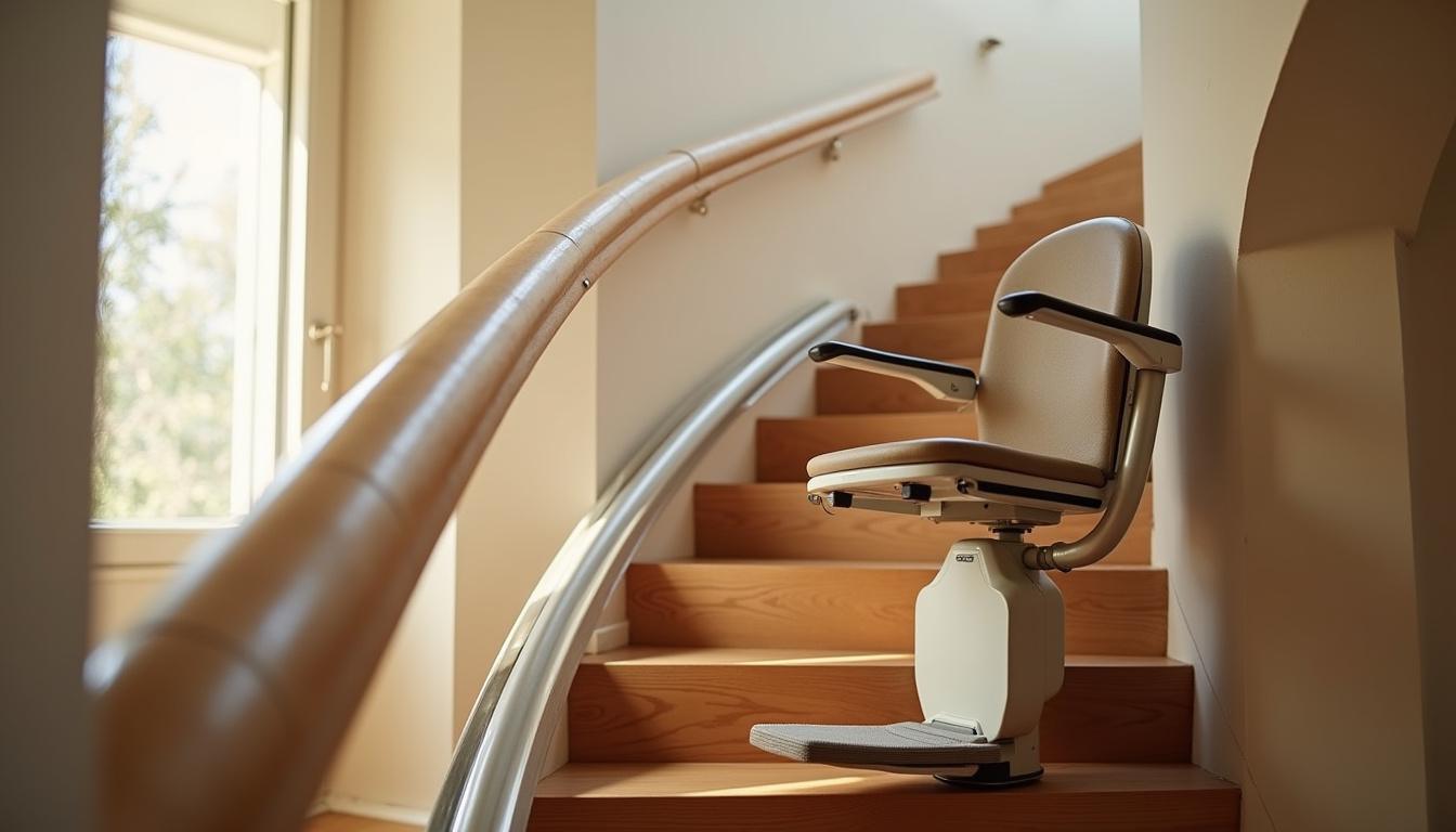 Fauteuil monte-escalier installé dans un escalier intérieur à Sevrey, modèle tournant avec siège pivotant