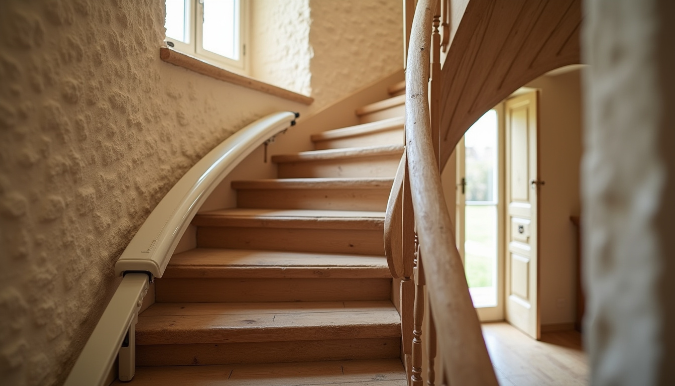 Fauteuil monte-escalier installé dans une maison traditionnelle à Bricqueville-sur-Mer