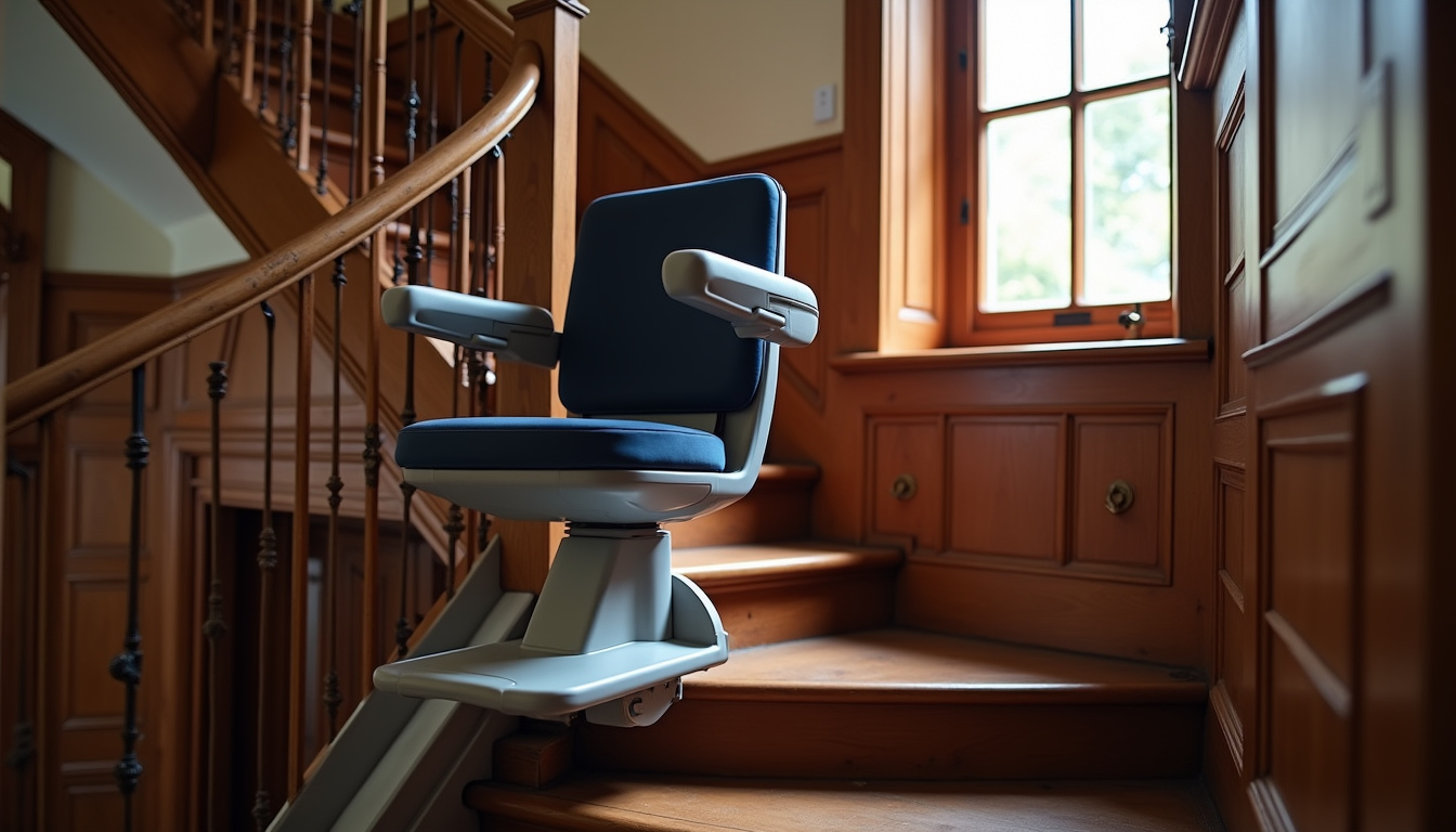 Fauteuil monte-escalier installé sur un escalier intérieur en bois, dans une habitation ancienne d