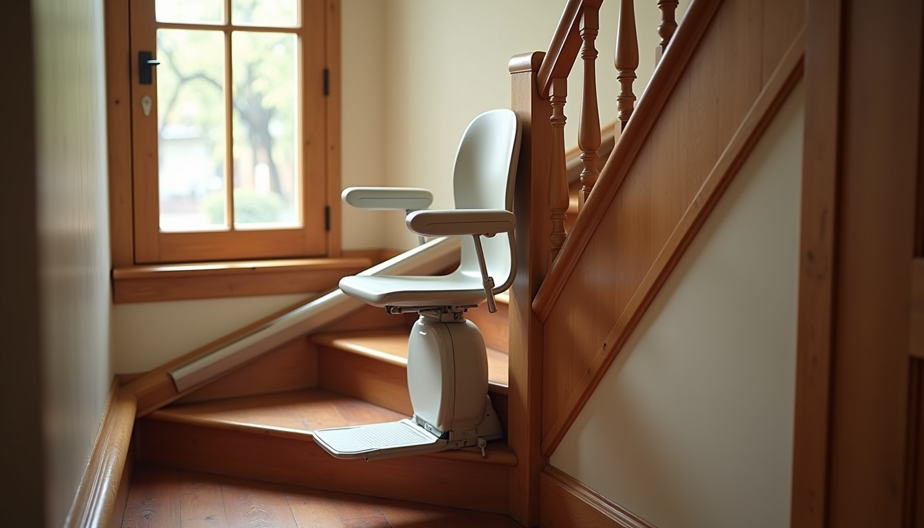 Fauteuil monte-escalier installé sur un escalier tournant dans une maison ancienne