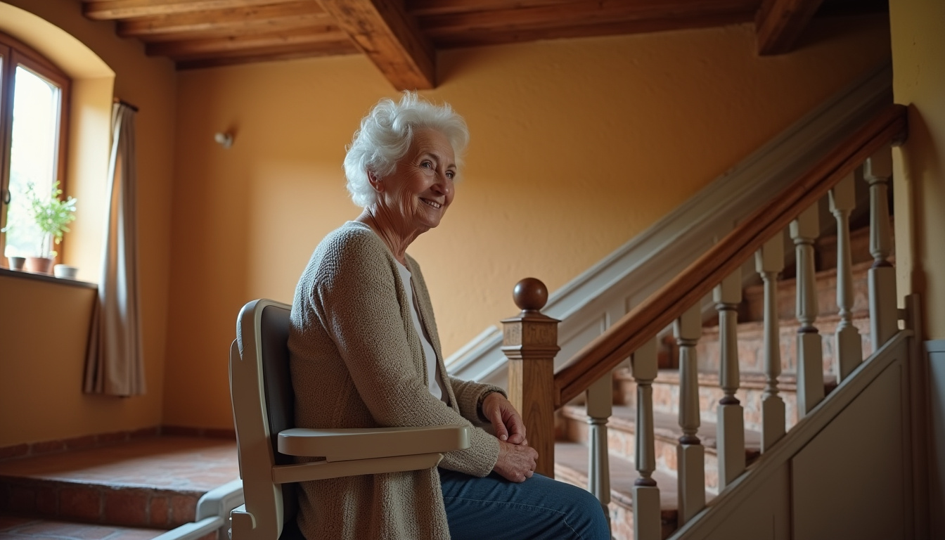 Femme âgée utilisant un monte-escalier dans sa maison en Creuse