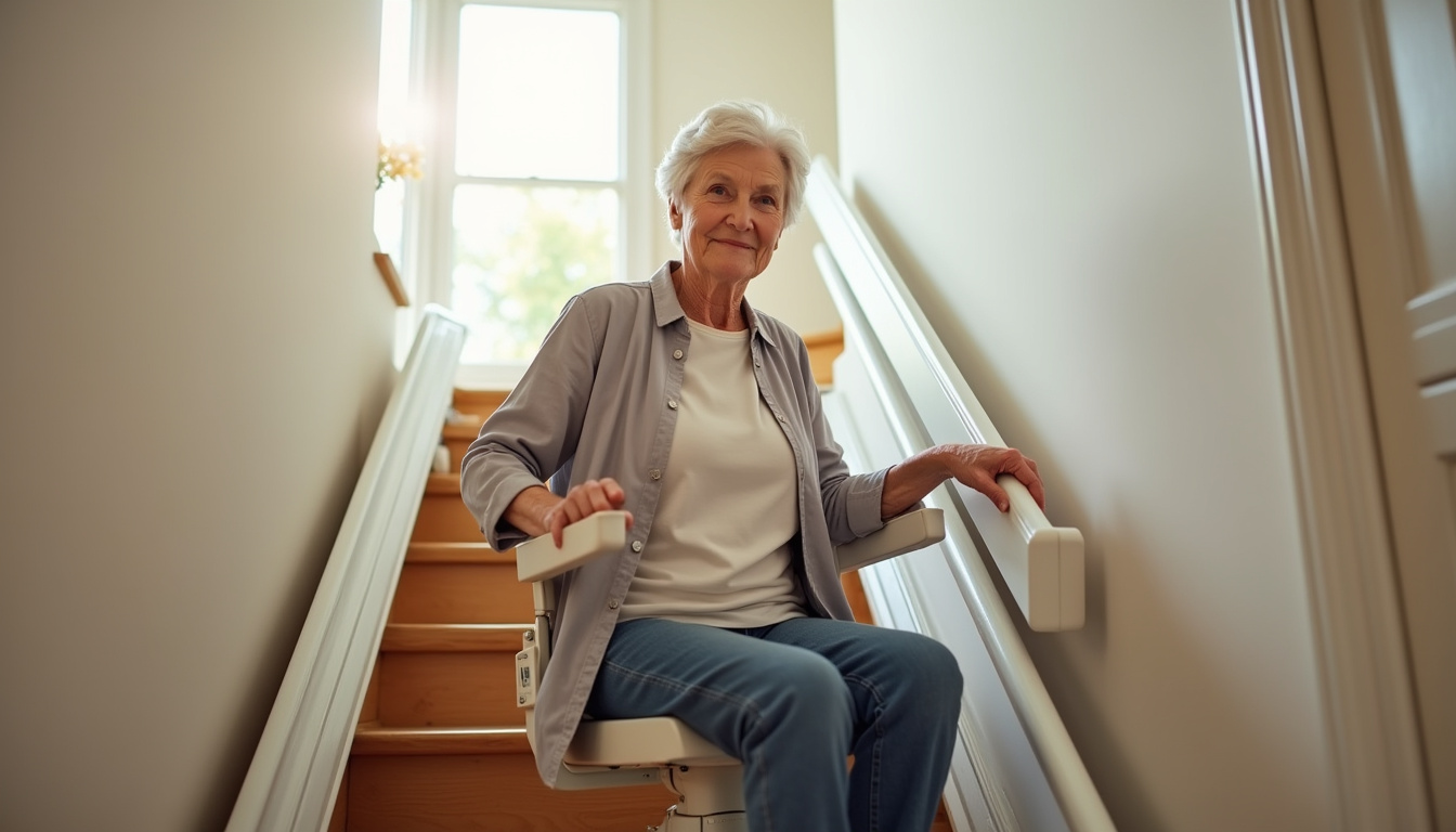 Femme âgée utilisant un monte-escalier en toute sécurité, assise confortablement sur le siège