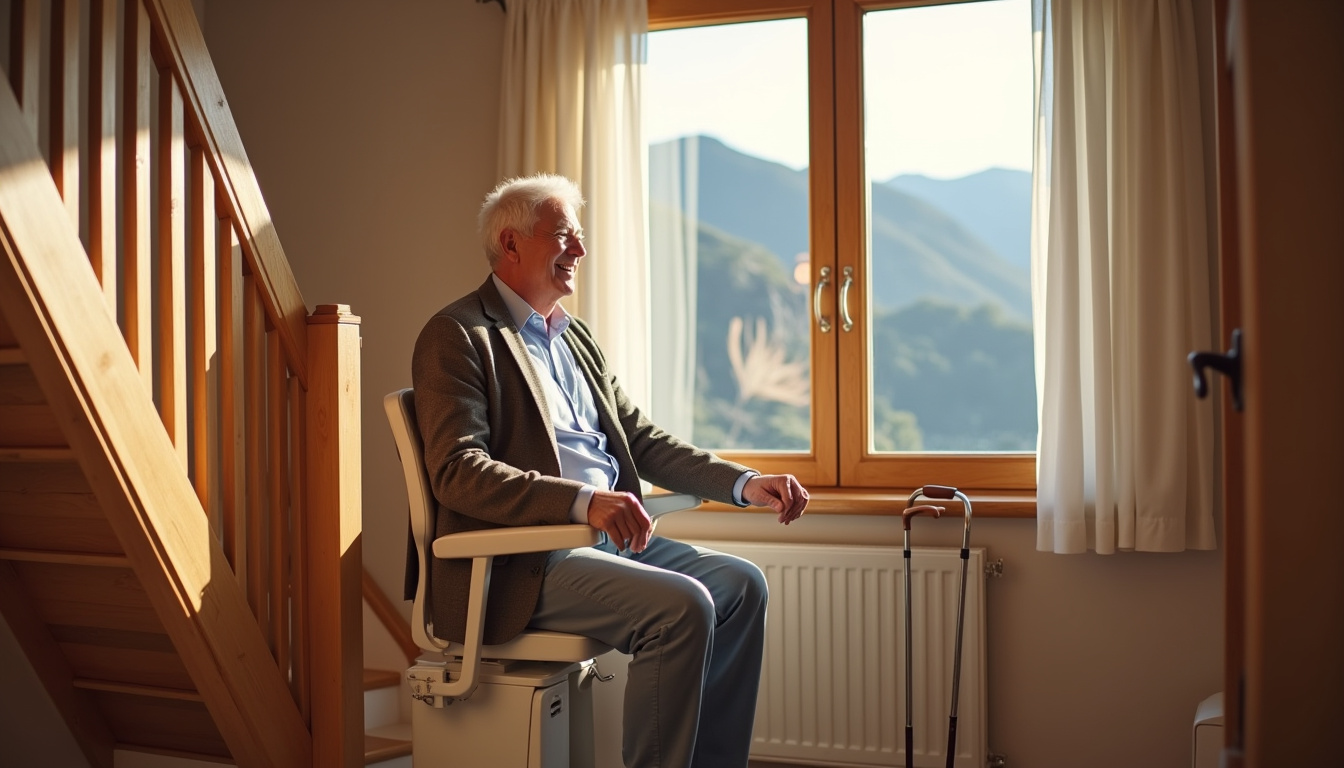 Habitant de La Bourboule utilisant son monte-escalier dans sa maison