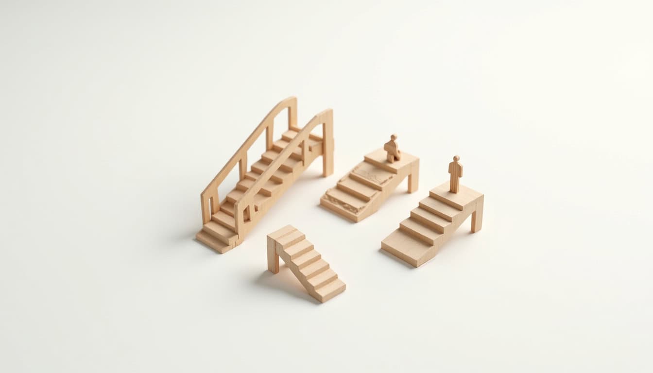 Illustration des différents types de monte-escaliers: droit, tournant, debout, extérieur et mobile
