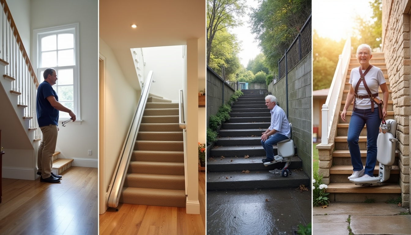Illustration des différents types de monte-escaliers: droit, tournant, extérieur et debout