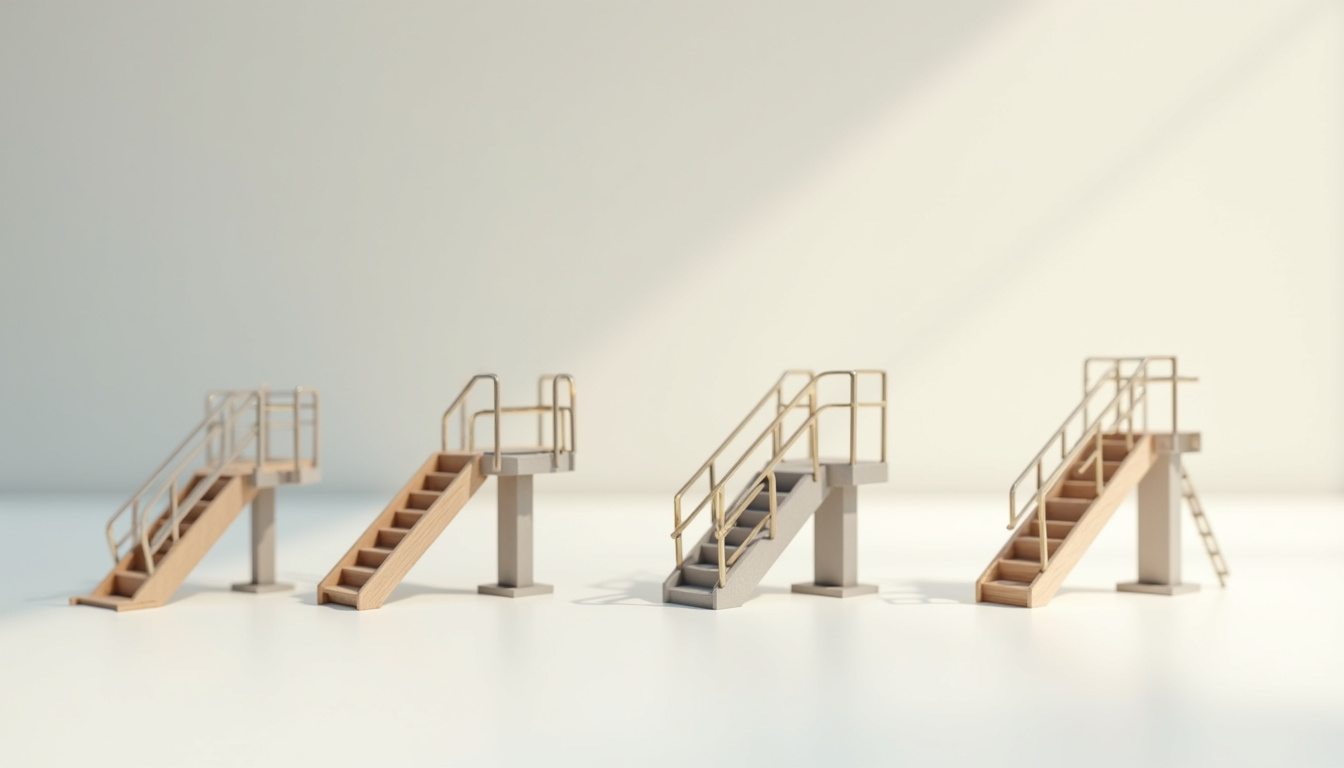 Illustration des différents types de monte-escaliers: droit, tournant, extérieur et debout