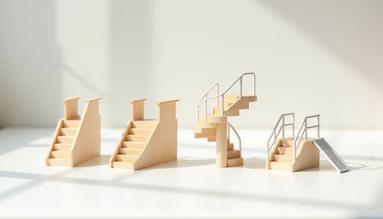 Illustration des différents types de monte-escaliers: droit, tournant, extérieur et plateforme élévatrice