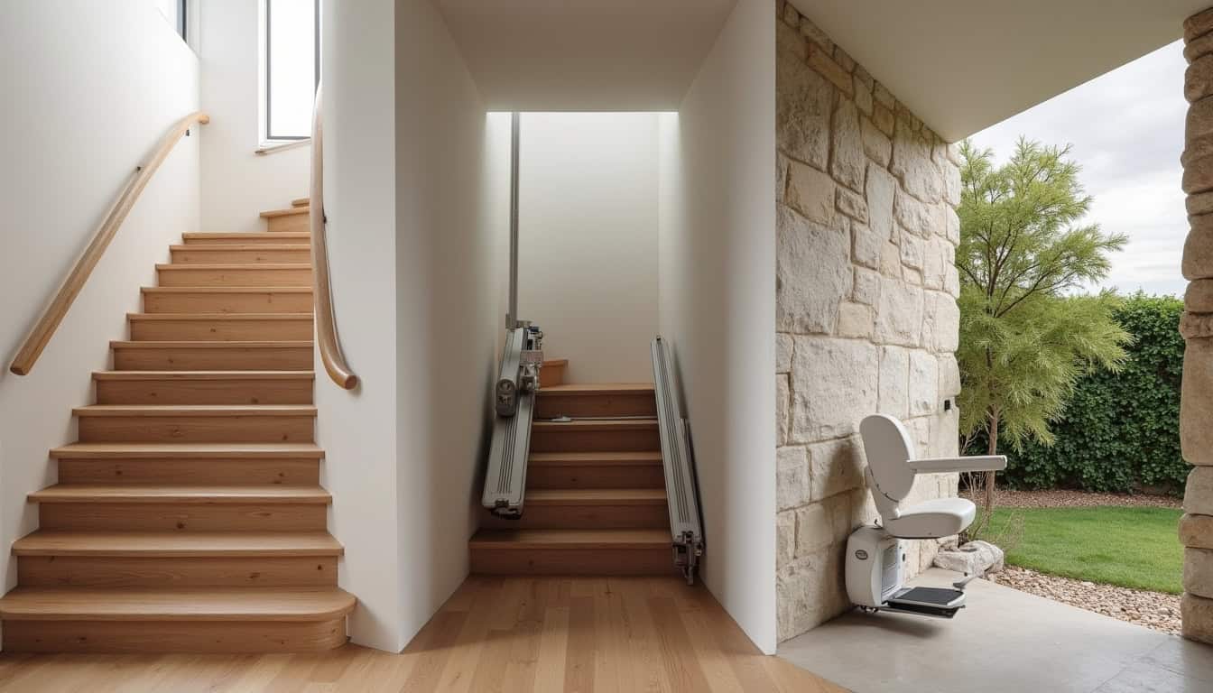 Illustration des différents types de monte-escaliers installés dans des habitations de Laignelet: droit, tournant, extérieur et debout