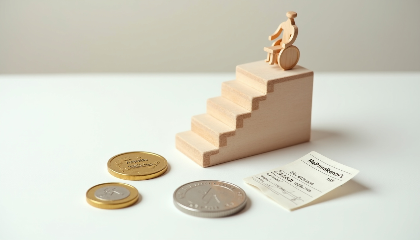 Infographie illustrant les différentes aides financières disponibles pour l’installation d’un monte-escalier en 2026: MaPrimeRénov’, crédit d’impôt, TVA réduite