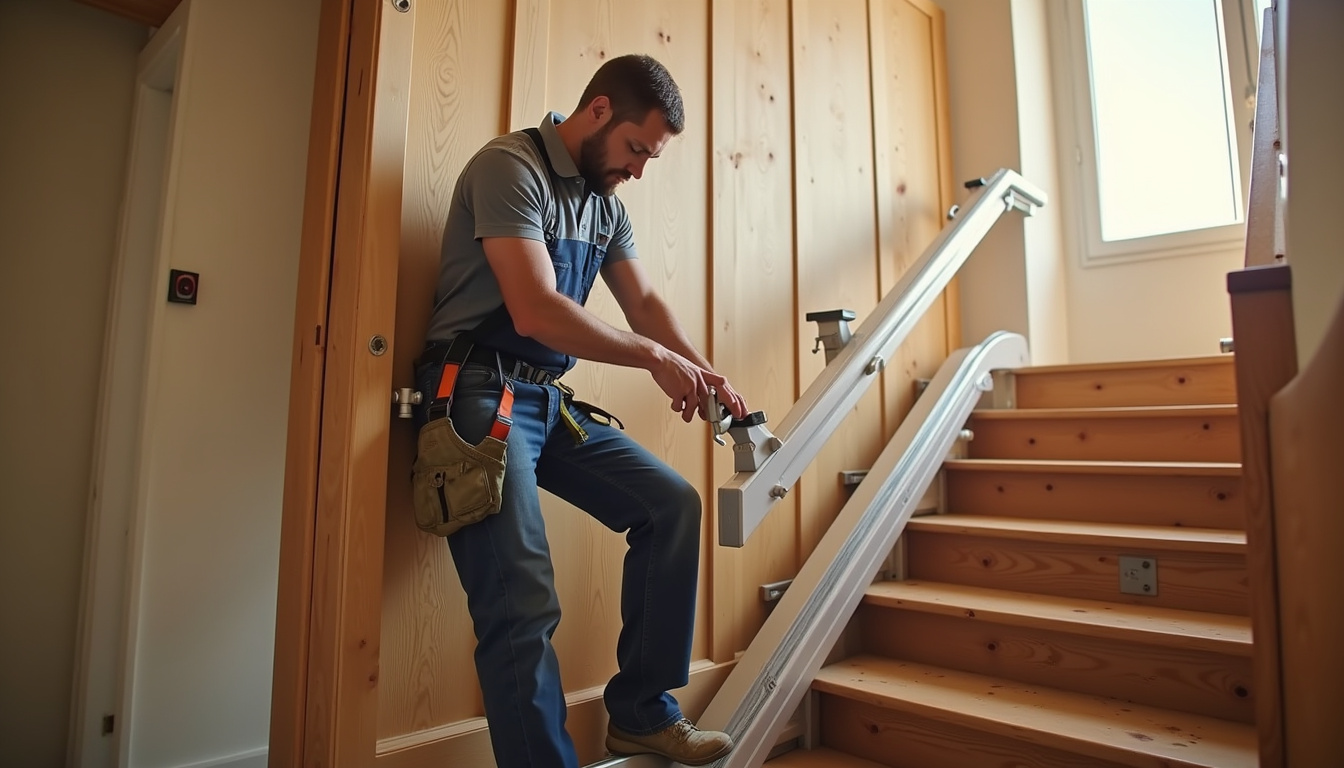 Installateur professionnel en train de poser un monte-escalier dans une maison à Jouars-Pontchartrain