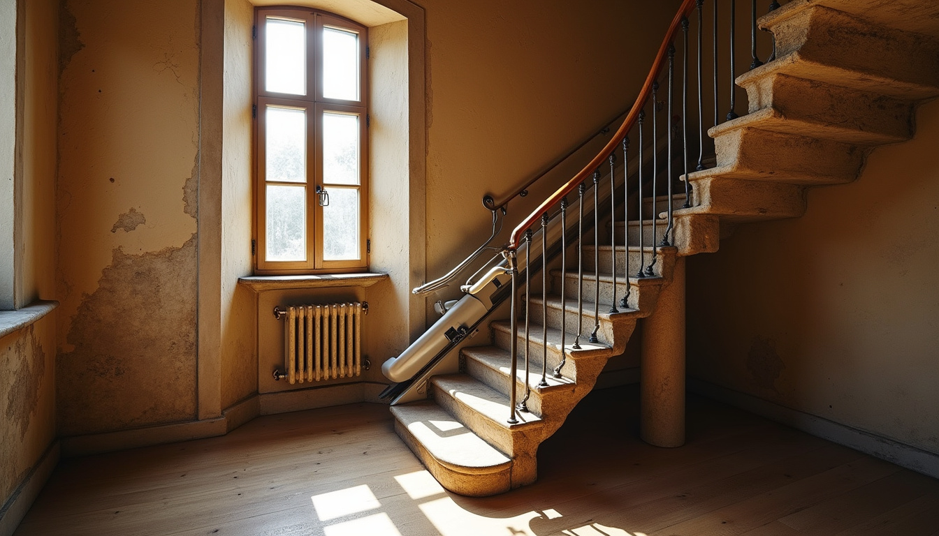 Installation d’un monte-escalier courbe dans une maison ancienne à Levroux, avec un rail sur mesure épousant la forme de l’escalier en colimaçon