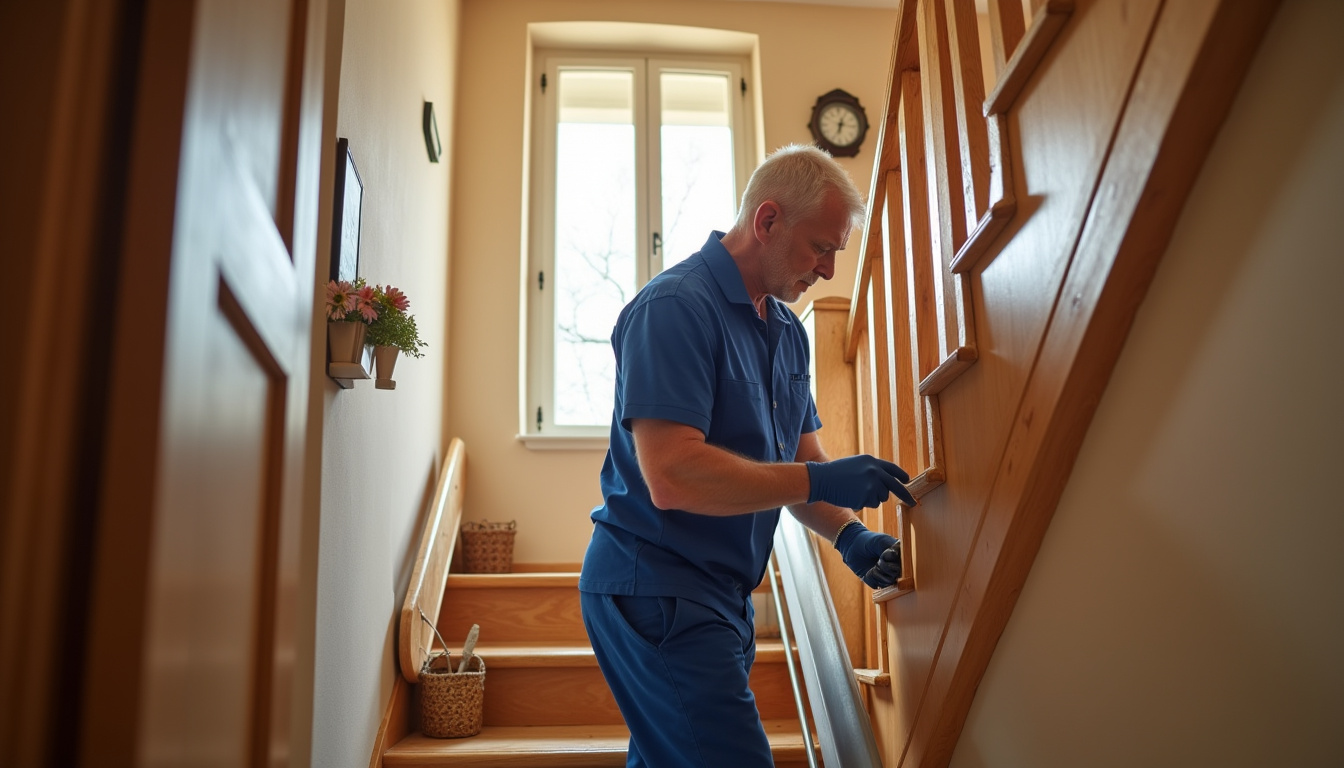 Installation d’un monte-escalier dans une maison à Pithiviers-le-Vieil avec un technicien en train de poser le rail