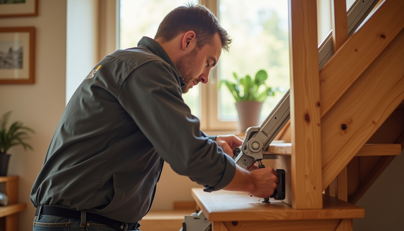 Installation d’un monte-escalier dans une maison à Souffelweyersheim, avec un technicien en train de fixer le rail sur un escalier en bois
