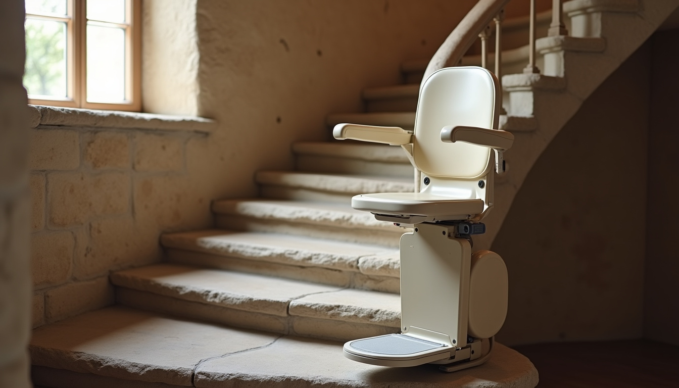 Installation d’un monte-escalier dans une maison ancienne avec escalier en colimaçon à Montpezat-de-Quercy