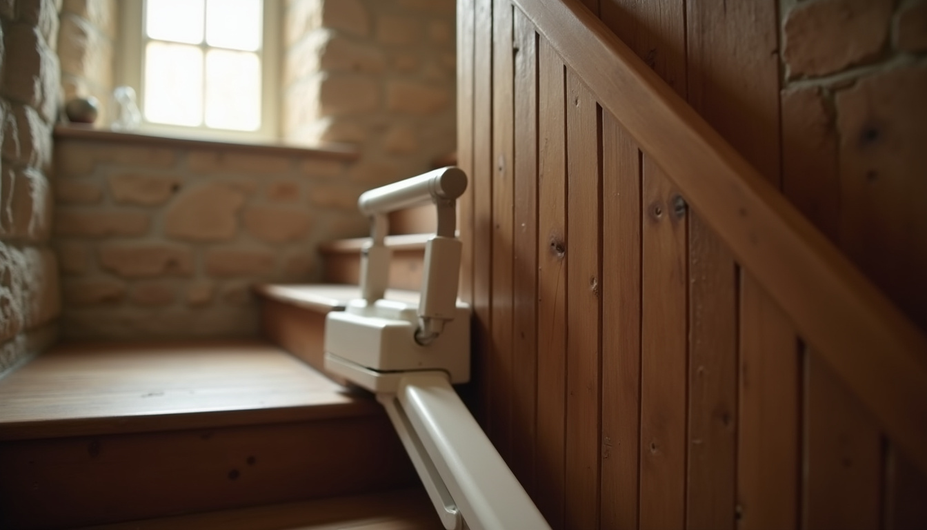 Installation d’un monte-escalier dans une maison ancienne typique de Mouazé avec escalier en bois