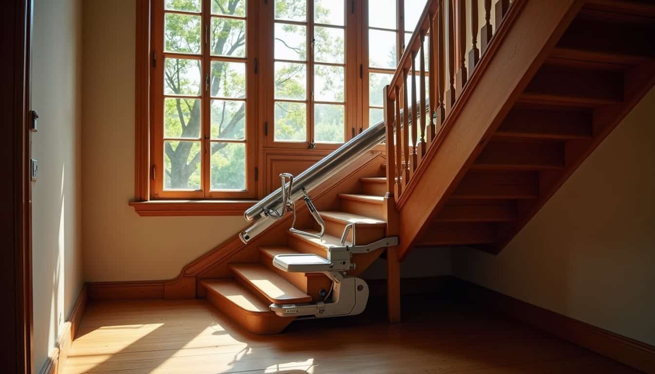 Installation d’un monte-escalier dans une maison typique de Mortcerf avec escalier en bois ancien