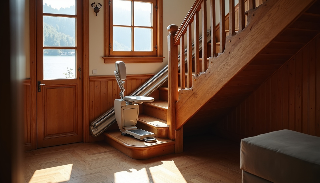Installation d’un monte-escalier dans une maison typique de Thonon-les-Bains avec escalier en bois ancien
