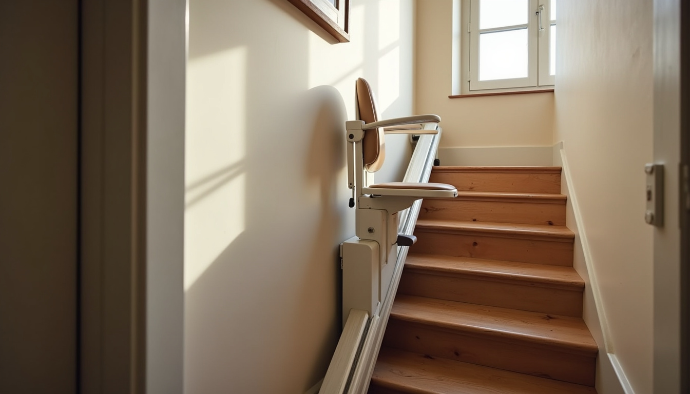 Installation d’un monte-escalier debout dans un escalier étroit à Bretteville-sur-Laize