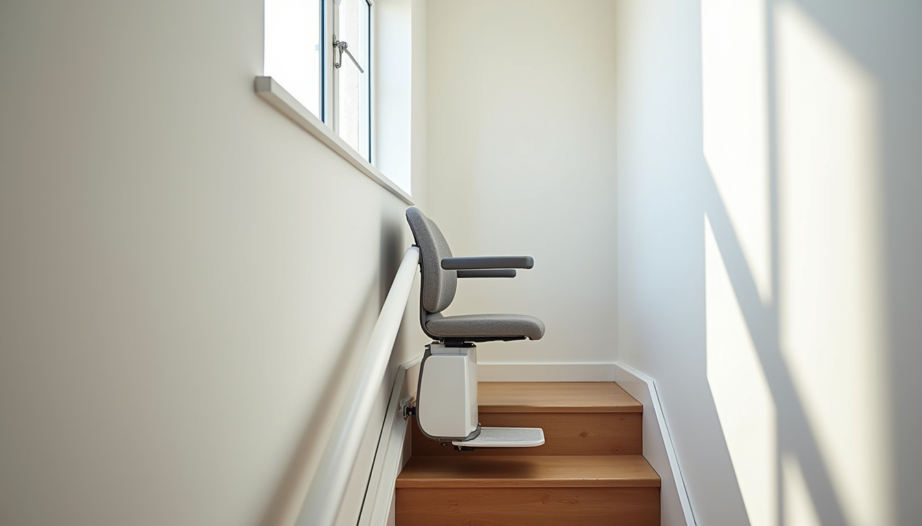 Installation d’un monte-escalier droit dans un escalier intérieur, avec siège ergonomique et rail discret