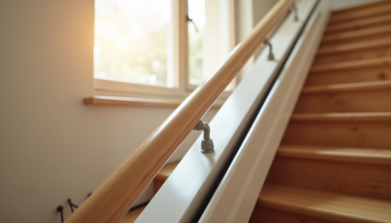 Installation d’un monte-escalier droit dans une habitation à Dortan, vue sur les rails fixés à l’escalier