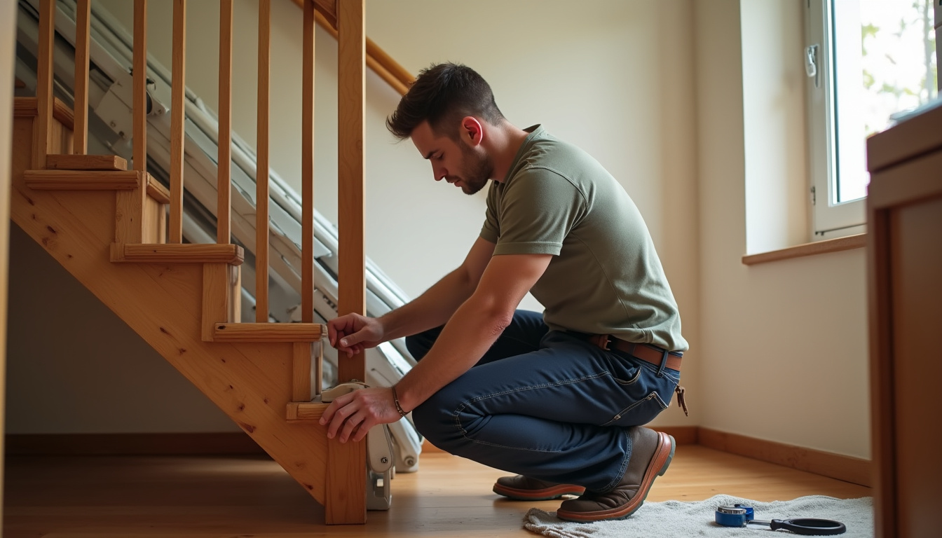 Installation d’un monte-escalier droit dans une maison à Roura, vue d’un professionnel préparant le rail