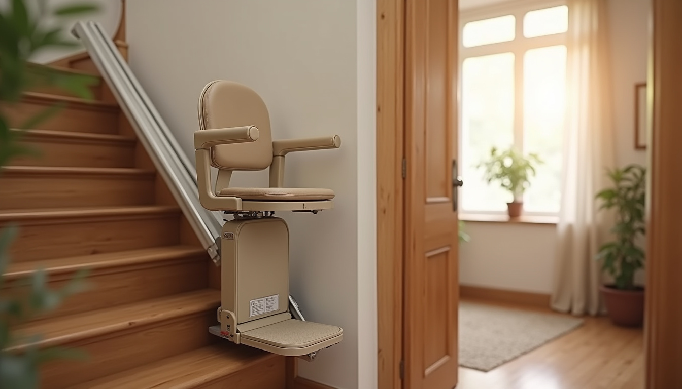 Installation d’un monte-escalier droit dans une maison à Saint-Apollinaire, avec rail fixé sur les marches