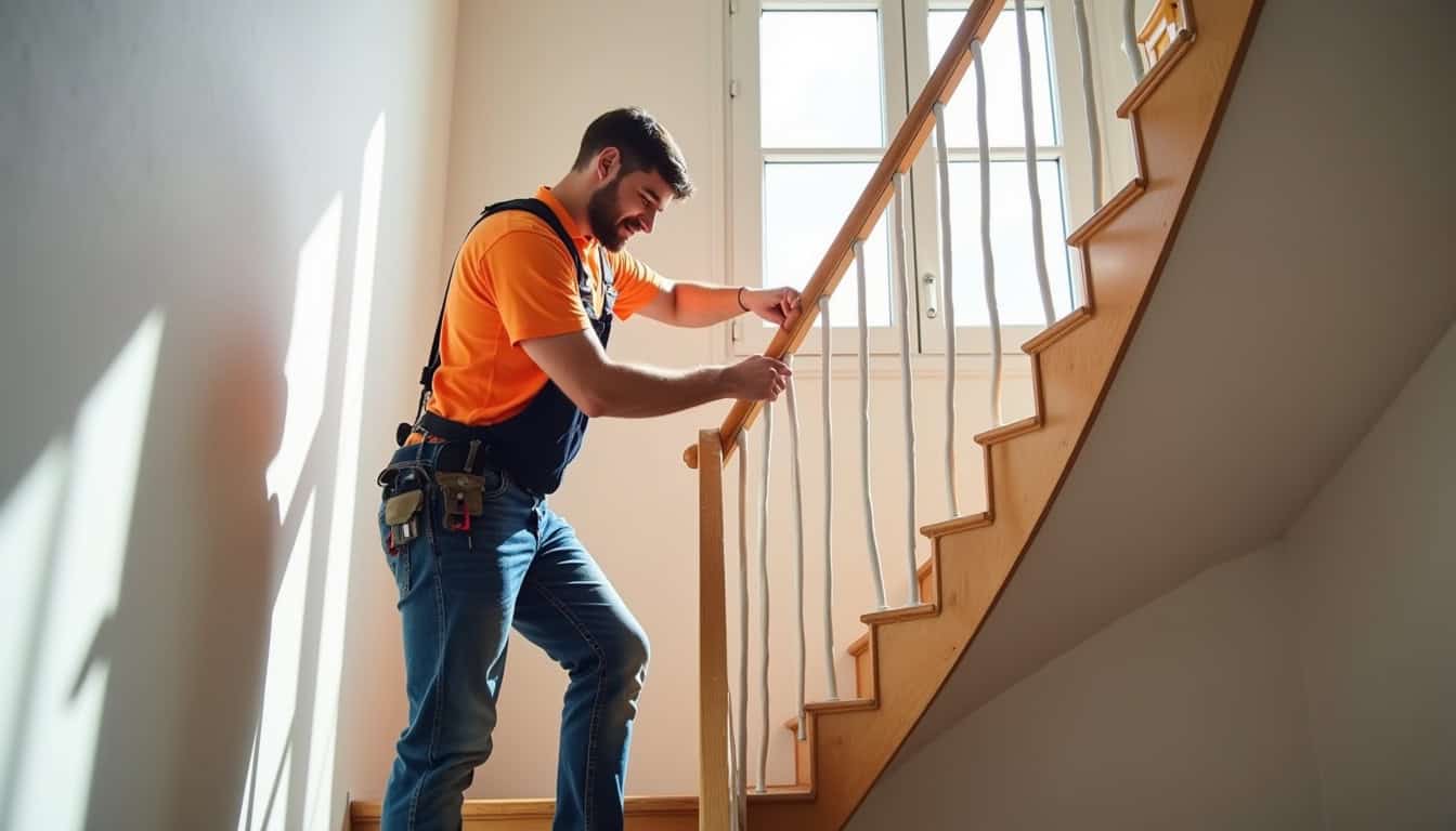Installation d’un monte-escalier droit dans une maison à Saint-Sixt, avec technicien en train de vérifier le rail