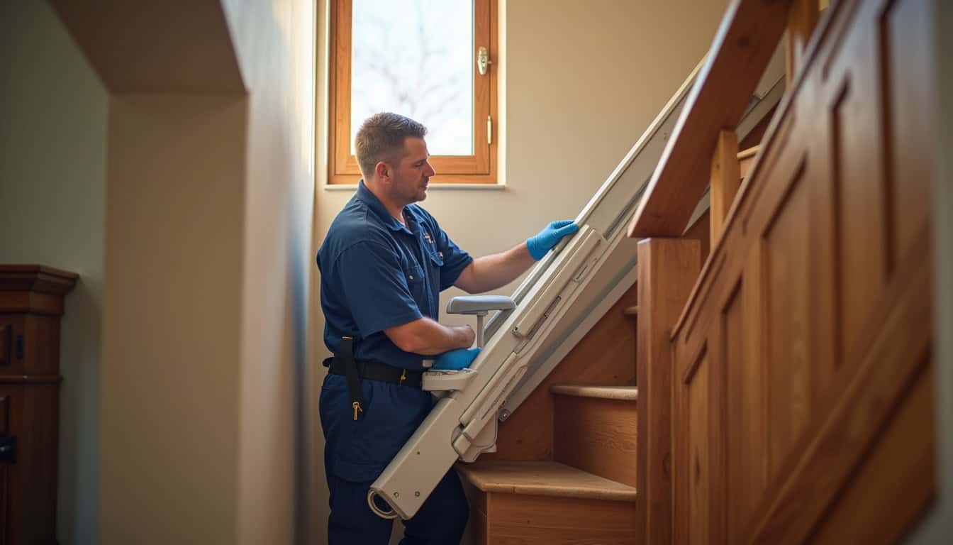Installation d’un monte-escalier en cours dans une habitation à Saint-Sauveur-le-Vicomte