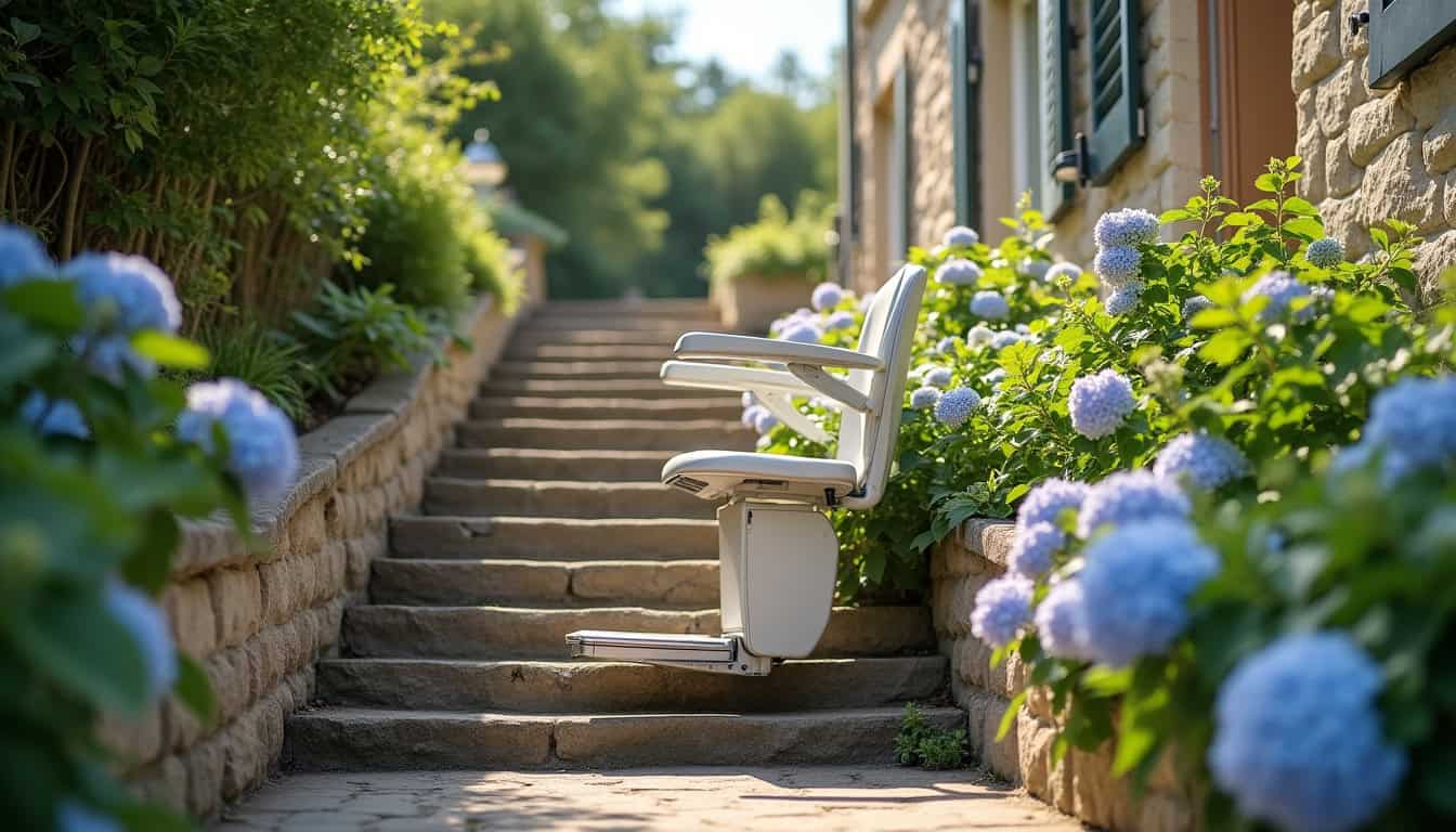 Installation d’un monte-escalier extérieur pour accéder à un jardin à Saint-Jean-la-Bussière