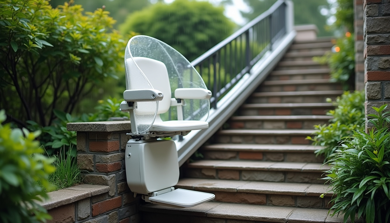 Installation d’un monte-escalier extérieur sur une volée d’escalier en extérieur, avec protection contre les intempéries