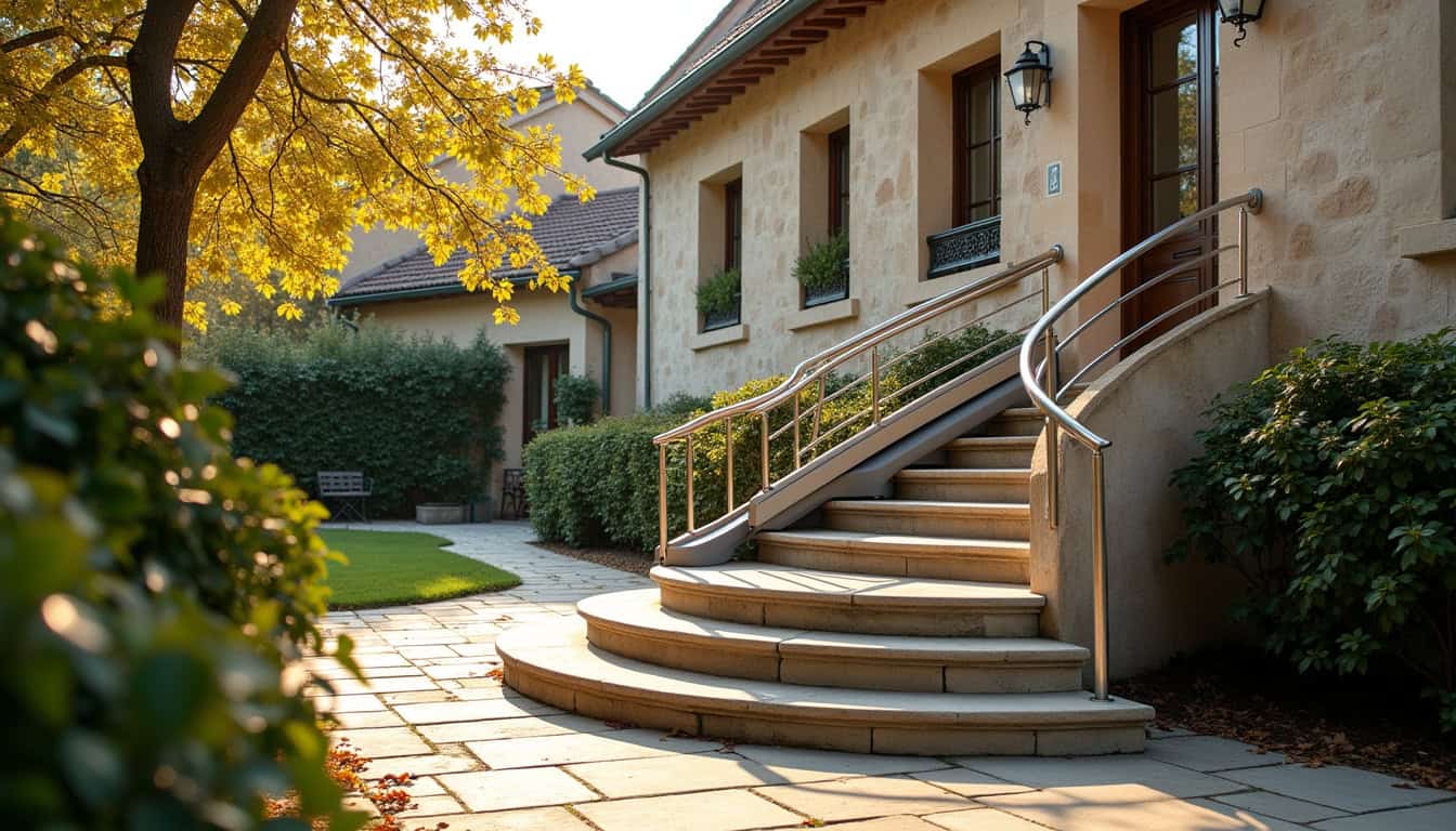 Installation d’un monte-escalier extérieur tournant avec double rail sur un escalier en virage à Montmeyran