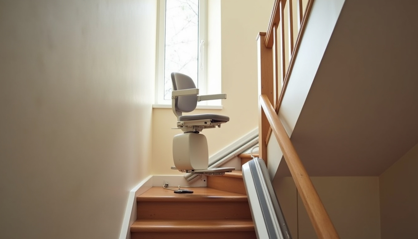 Installation d’un monte-escalier intérieur dans une maison à Limonest, vue d’un escalier droit avec siège replié